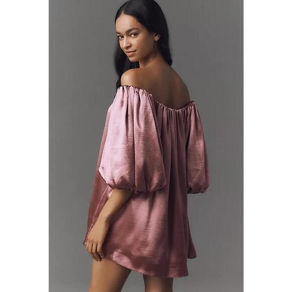 Mare Mare Off-The-Shoulder Puff-Sleeve Shine Mini Dress Size M Pink - Picture 2 of 4